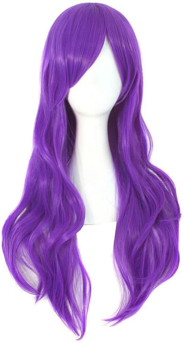 Cosplay Anime Pruik, Lange Volledige Knot Golvende Hittebestendige Pruik met Haarrooster, Paars