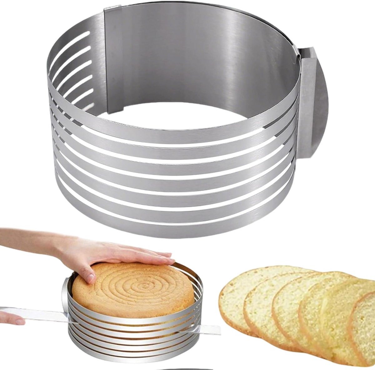 Taartring van 16 tot 30 cm, snijhulp, zilver, taartsnijder, rond, verstelbaar, met behulp van broodsnijder, 7 lagen, mousse, bakgerei