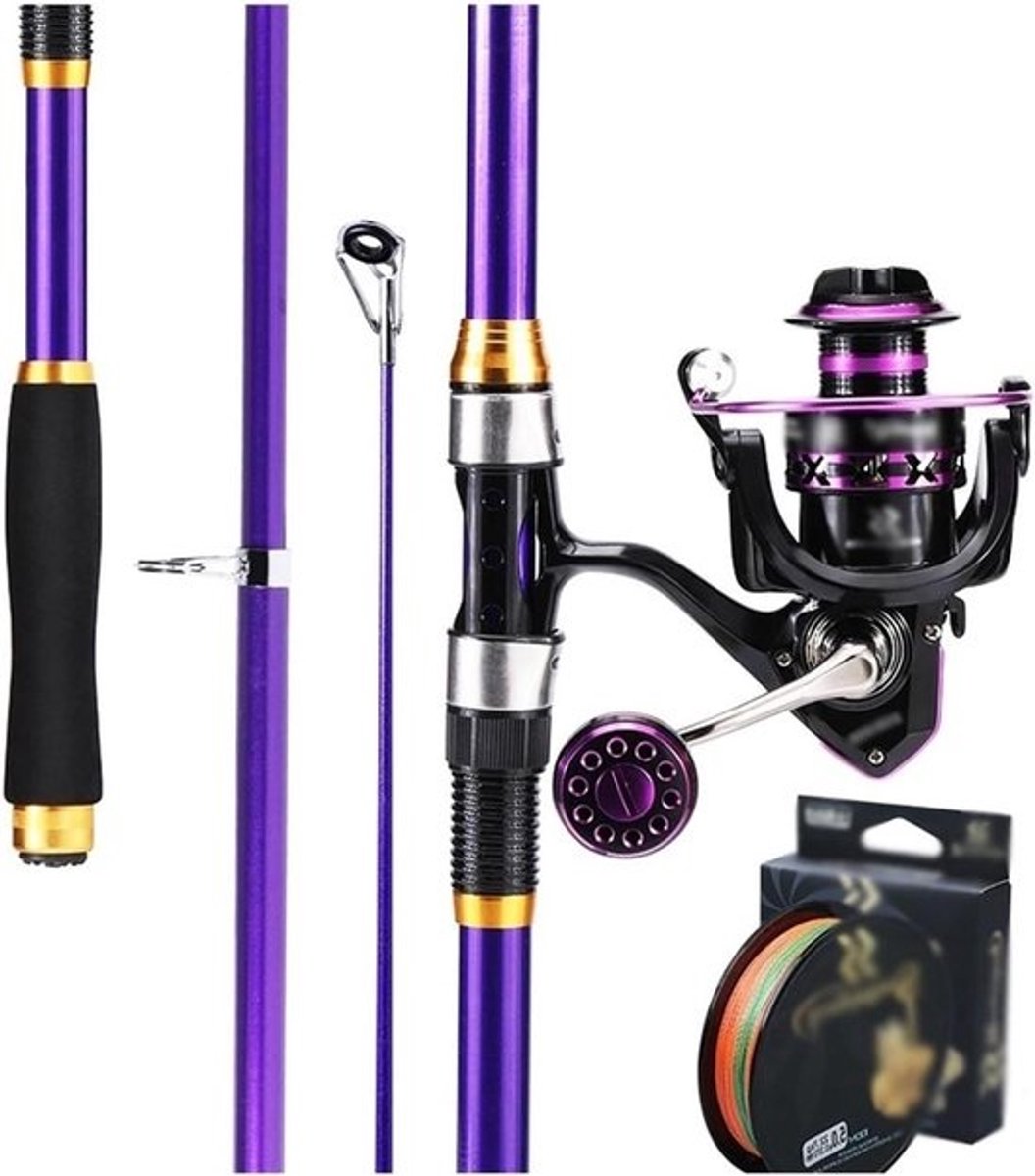 Vishengel Set - Reishengel Spinning - Vissen op Reis - Telescopische Koolstofvezel - 2.4 Meter - Paars