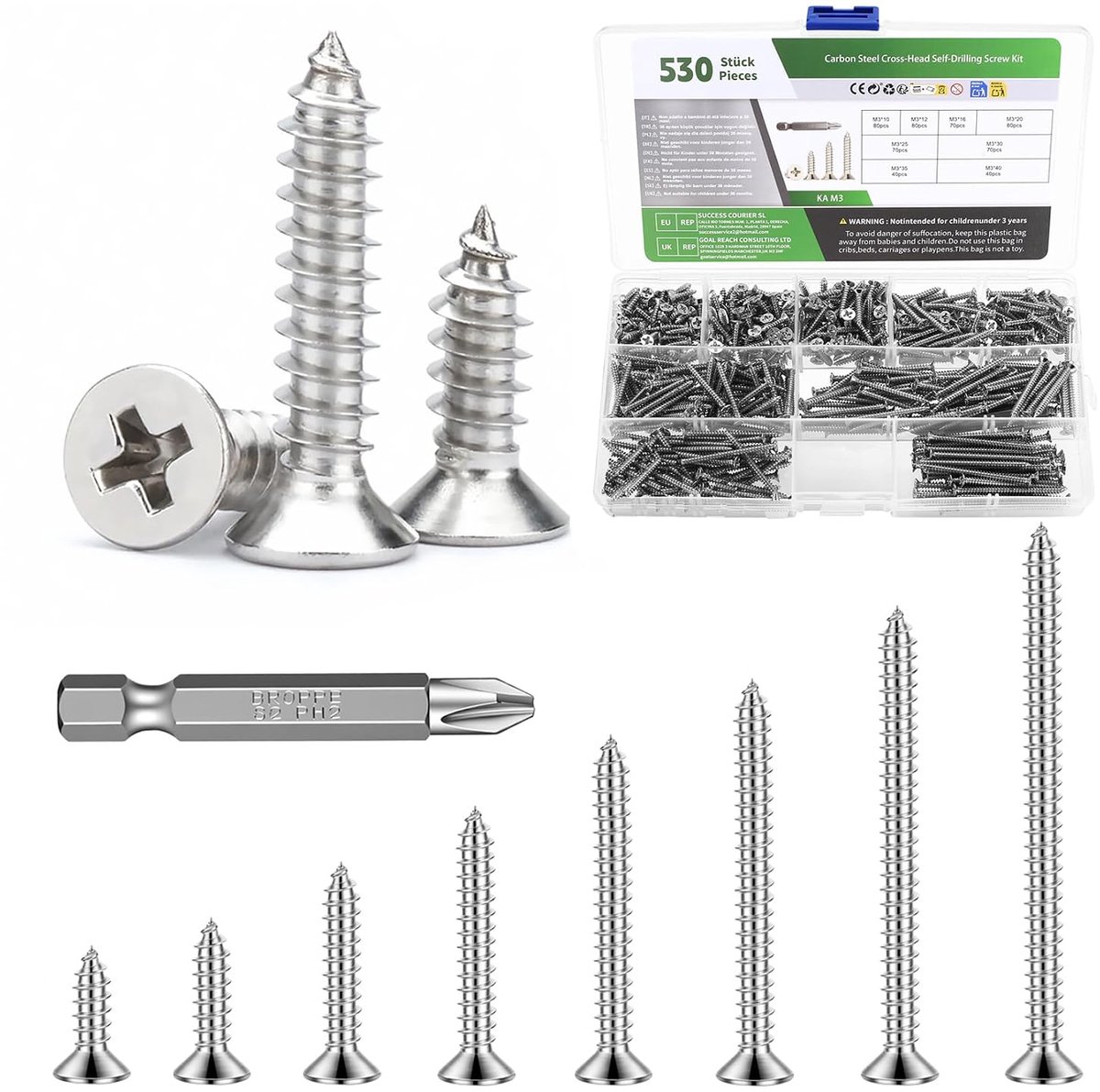530 stuks M3 schroevenset, houtschroeven, zelftappende schroevenset, spaanplaatschroeven assortiment, verzonken schroeven, kruiskopschroeven, platte kopschroeven, assortiment (zilver)