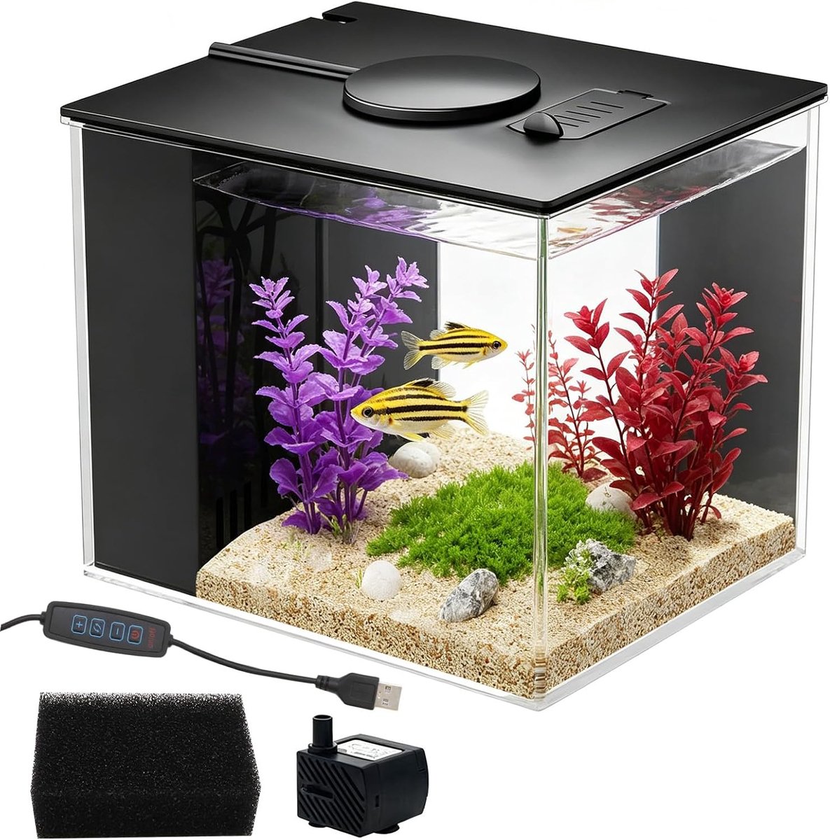 Aquarium complete set, 3,7 l, klein mini-aquarium van acryl, zwart