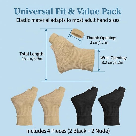 Set van 4, L polsbandages, duimbandage rechts links voor duimzadelgewricht, bandage, artrose, handschoenen, duimspalk, polssteun, compressie, zwart en huidskleur — afbeelding 2