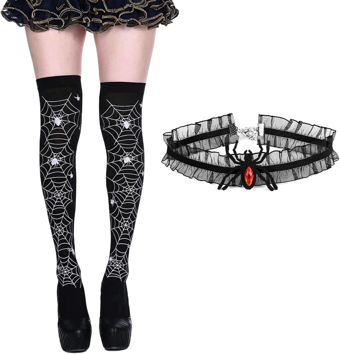 Panty dames met choker halsband, Halloween panty zwart met spinnenwebpatroon, gothic kostuumaccessoires voor vampier, heks, party, cosplay