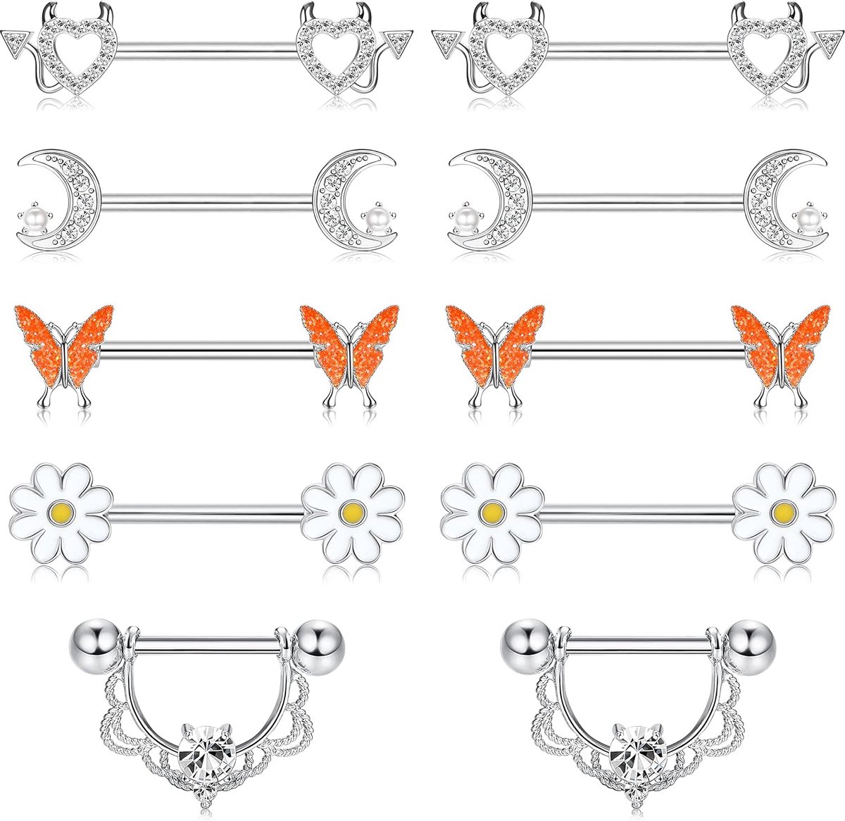 5 paar tepelringen voor vrouwen, schattig, vlinder, hart, barbell, tepelpiercing, roestvrij staal, tepelringen, tepelringen