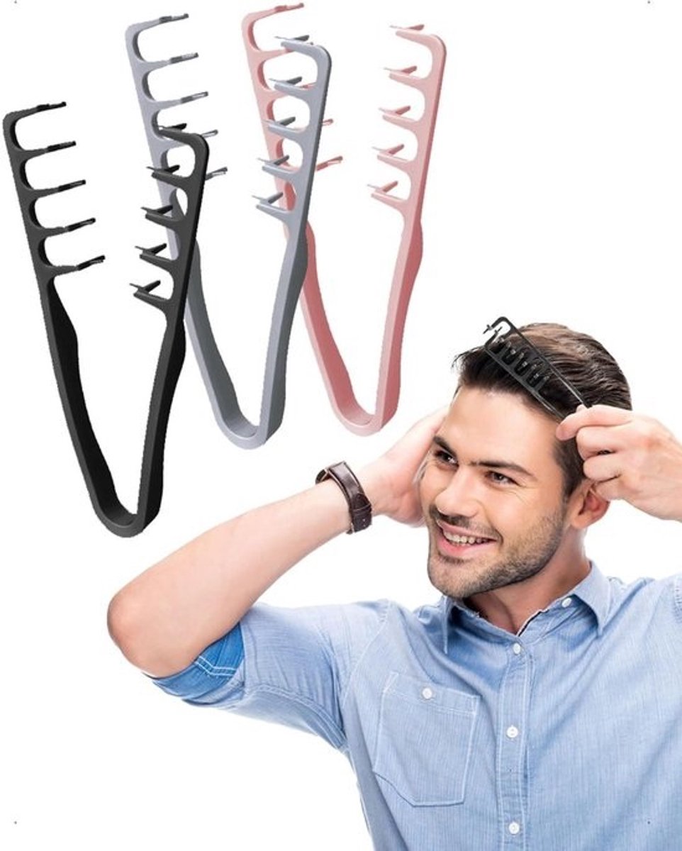 Kam met Brede Tanden - Textuurkam Krullen - Volume Creëren - Opvouwbaar Ergonomisch - Set van 3 - Zwart Roze Grijs