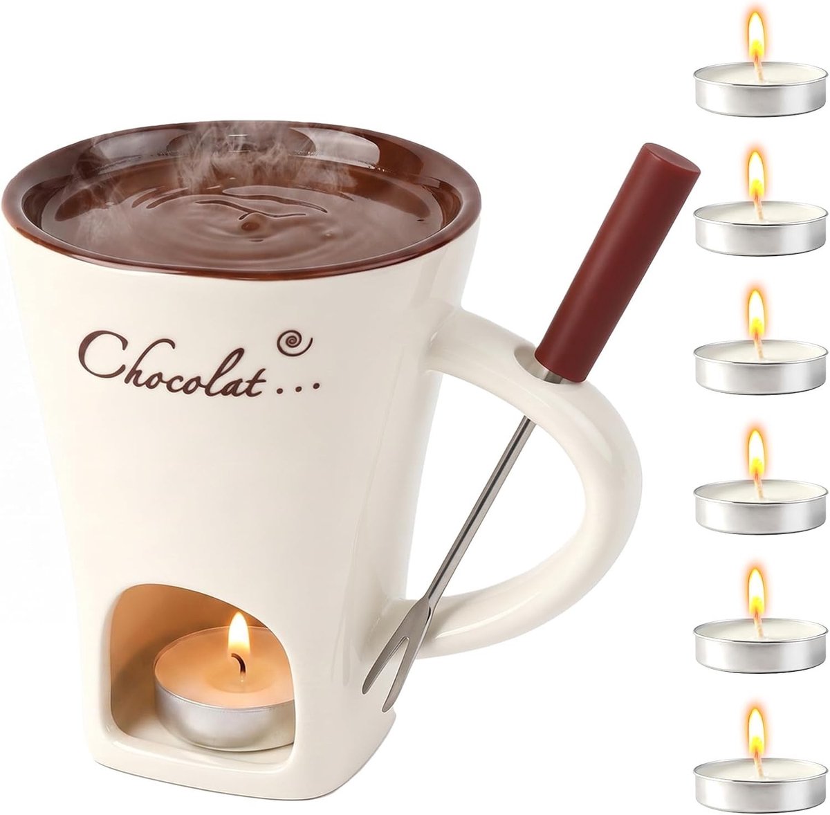 Chocoladefondue Set - Wit - 200 ml - Keramische Fonduebeker met Vork en Theelicht - Voor Chocolade, Kaas en Boter