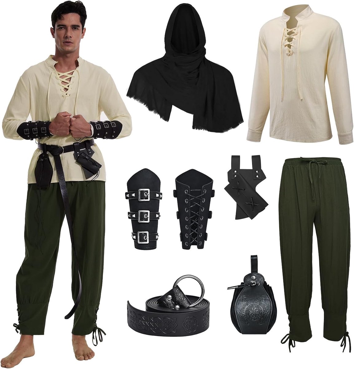 renaissance-kostuum voor heren, Viking-kostuum, veterhemd, herenbroek met accessoires, Halloween-kostuum voor cosplay, maskerade, tovenaar