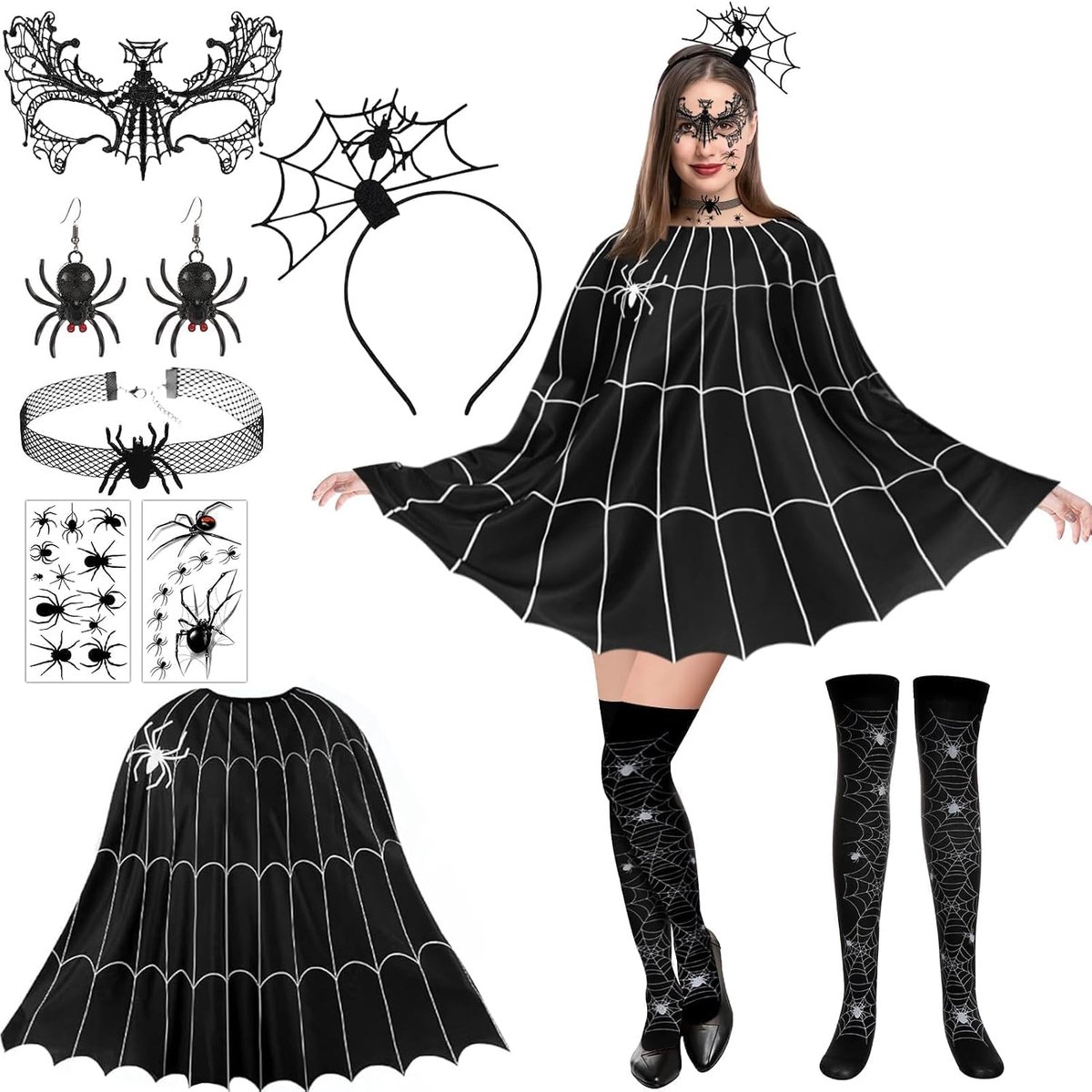 spinnenkostuum, 7-delig spinnenkostuum voor dames, spinnenwebjurk, spinnenwebponcho, spin hoofdband, hoofddeksel met spin, voor dames, Halloween, verkleedfeest