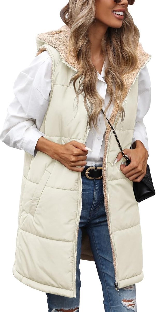 Bodywarmers voor dames, gewatteerde bodywarmers met ritssluiting, gewatteerd vest voor dames, lange bodywarmers met capuchon, mouwloos, donsjas, fleece, dik vest, wintervest