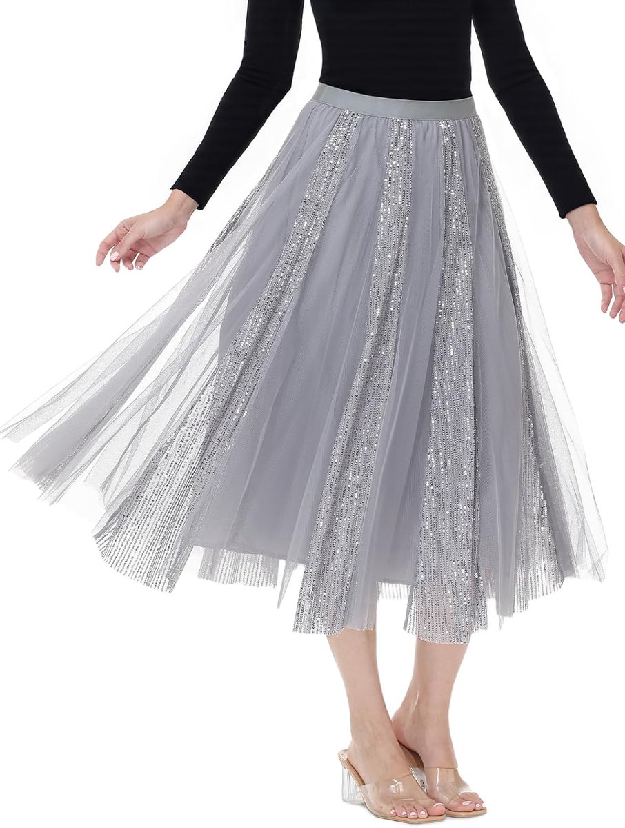lange pailletten tule rok hoge taille elegante A-lijn gelaagde gelaagde midi mesh rok casual prom party