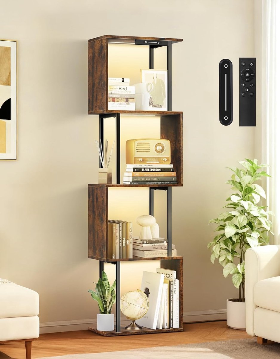 S-Vorm Boekenplank Met 5 Niveaus Met Verlichting, Moderne Displaykast Voor Woonkamer, Slaapkamer, Kantoor