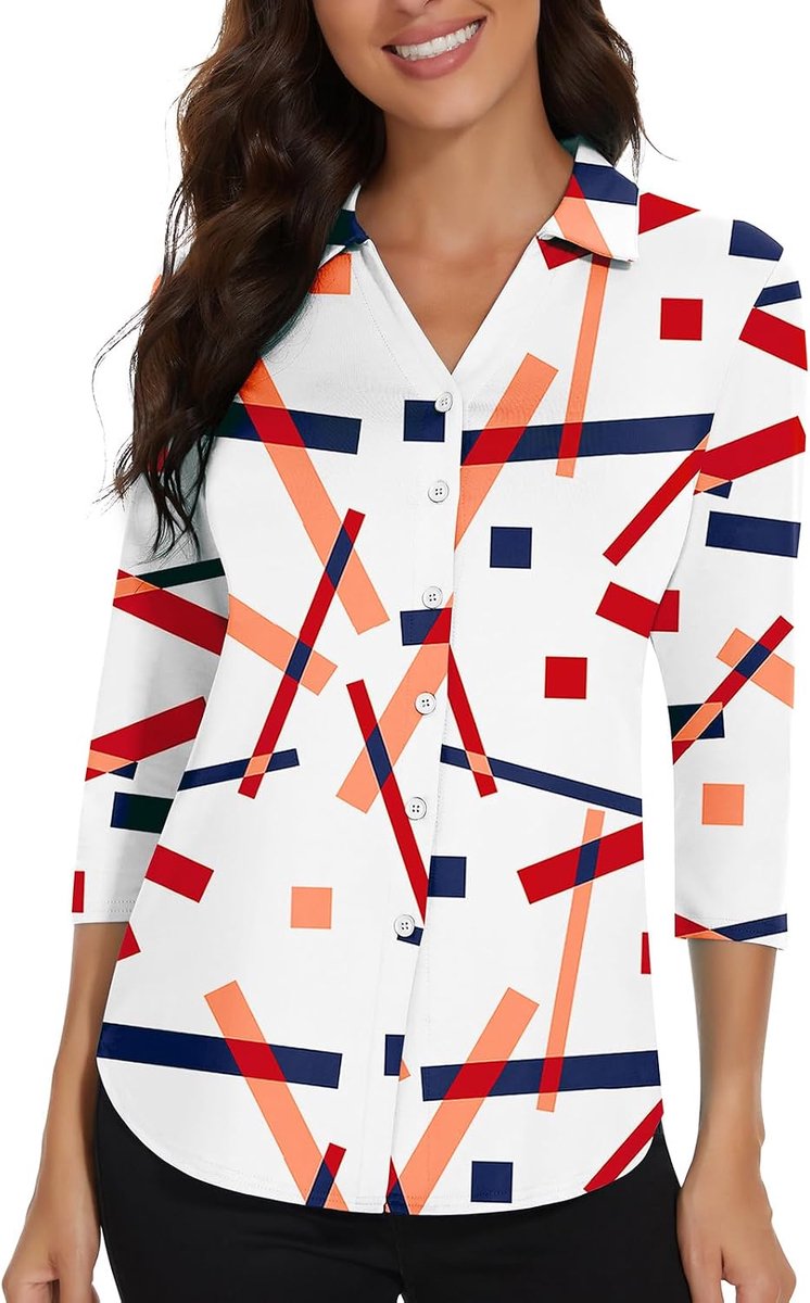 Elegant dameshemd voor de zomer, 3/4 mouwen, blouse met lange mouwen en V-hals, golfpoloshirt met knopen