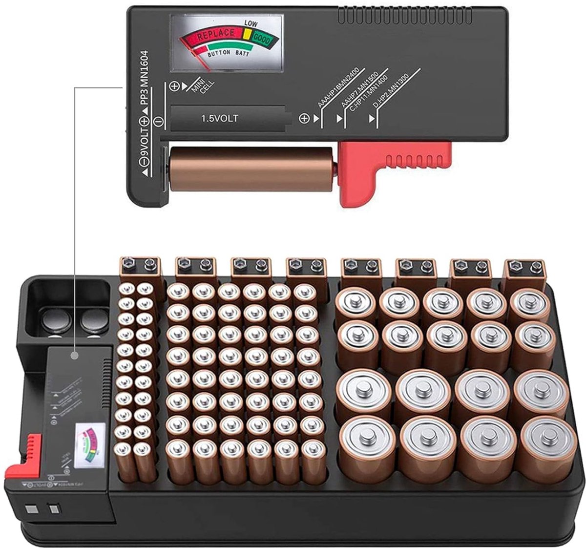 Batterij organizer, batterijen opbergkoffer,batterijbox met tester,bevat 110 batterijen van verschillende groottesleuf voor AAA, AA, 9V, C, D en knoopbatterij,met verwijderbare batterijtester
