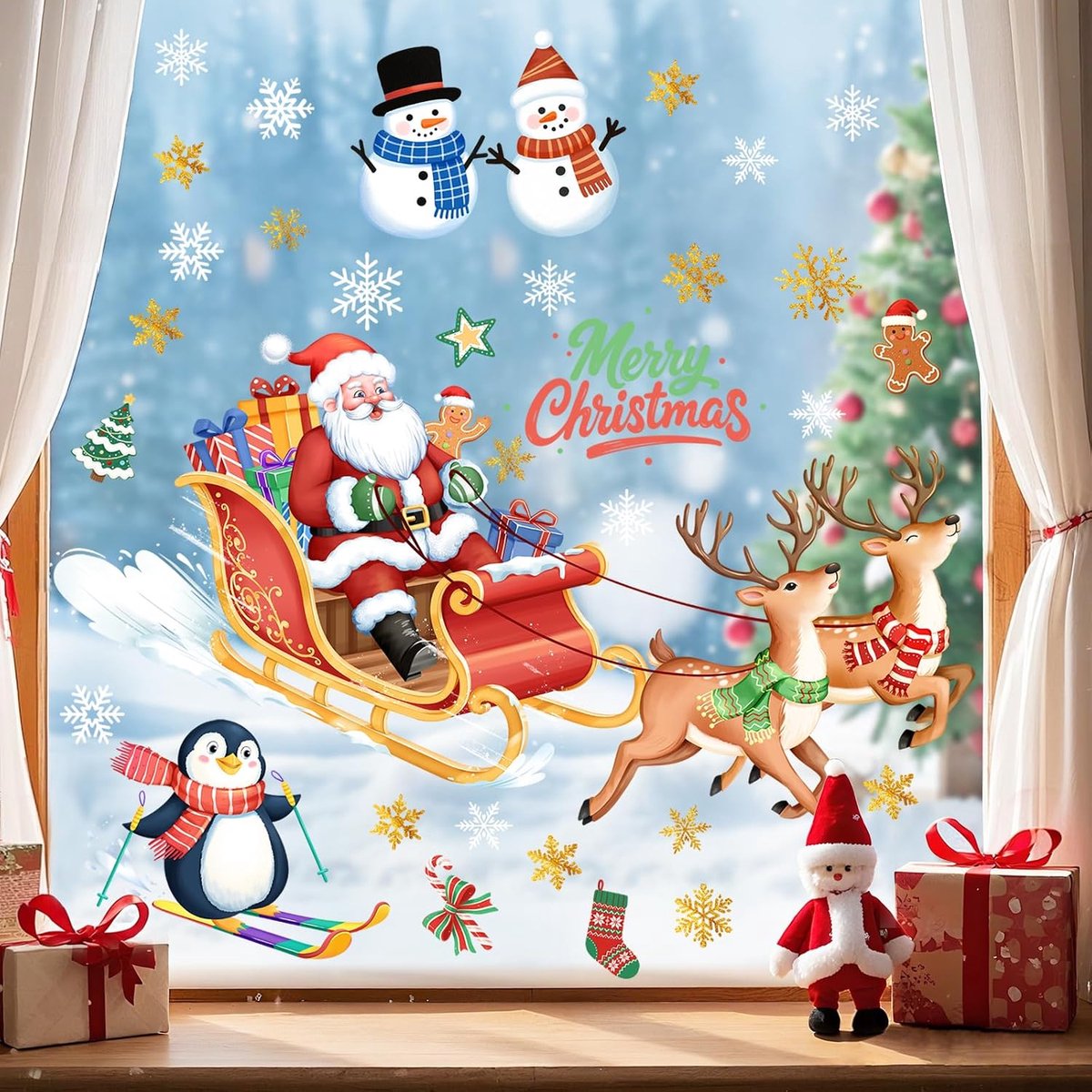 Raamstickers Kerstmis Venster Kerstman Rendier Raamstickers Sneeuwpop Pinguïn Sneeuwvlok Raamfolie Kerst Decoratie Herbruikbaar