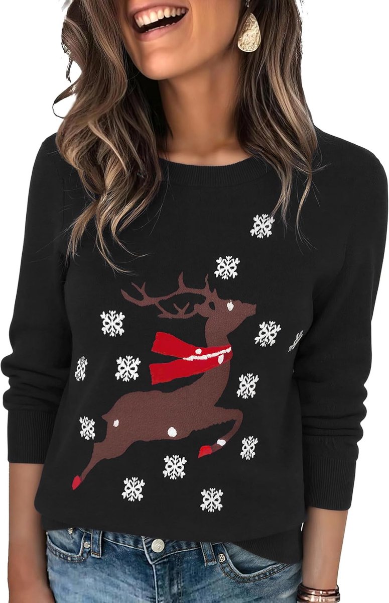 Kersttrui voor dames, warme kersttrui met lange mouwen, kersttrui, ronde hals, kersttrui met rendierprint, sneeuwvlok, S-XXL