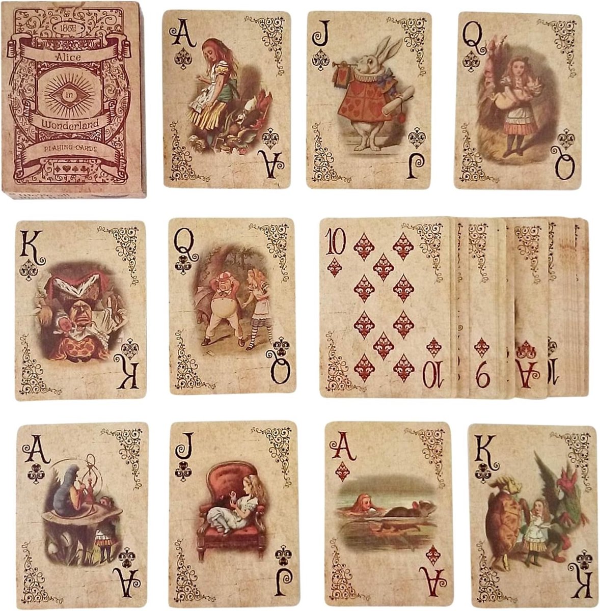 Alice in Wonderland Speelkaarten - Multicolor - Standaardformaat - Gelamineerd met Vintage Look - Voor Feestjes en Decoratie