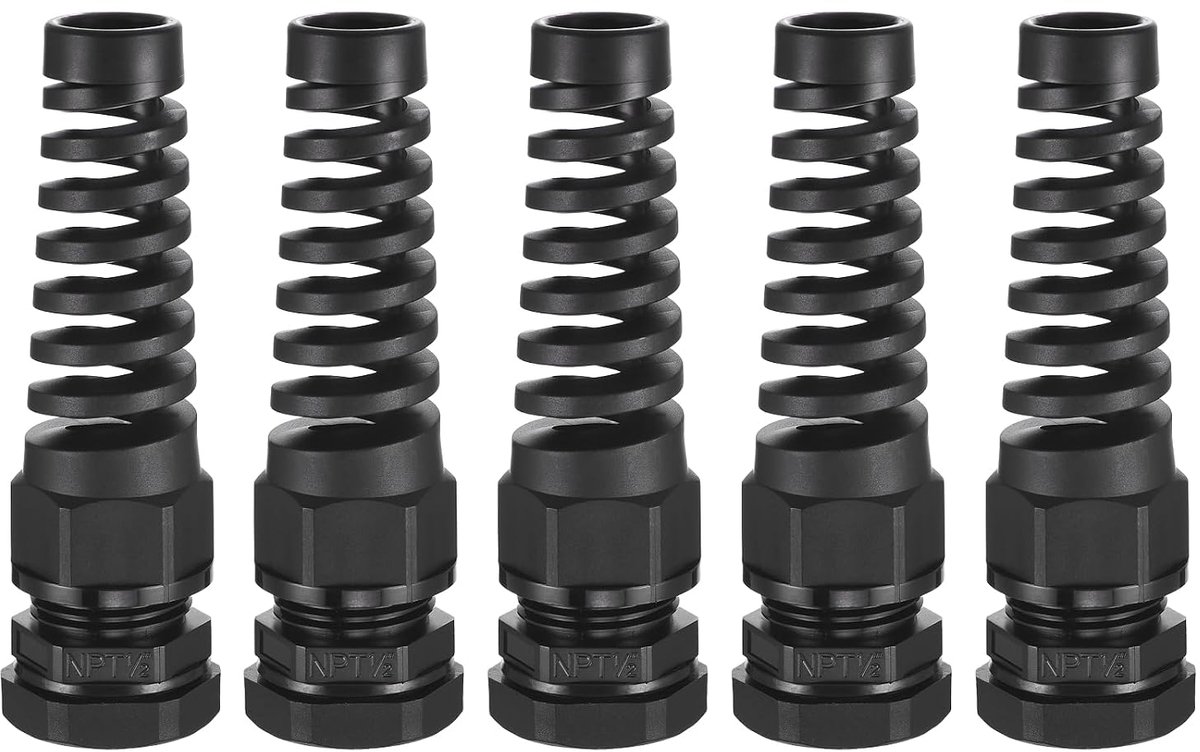 5 stuks kabelverbinders met wartelmoer NPT 1/2 inch van PA66 nylon IP68 waterdicht zwart met flexibele spiraalring en afdichtingen voor kabels van 7-12 mm