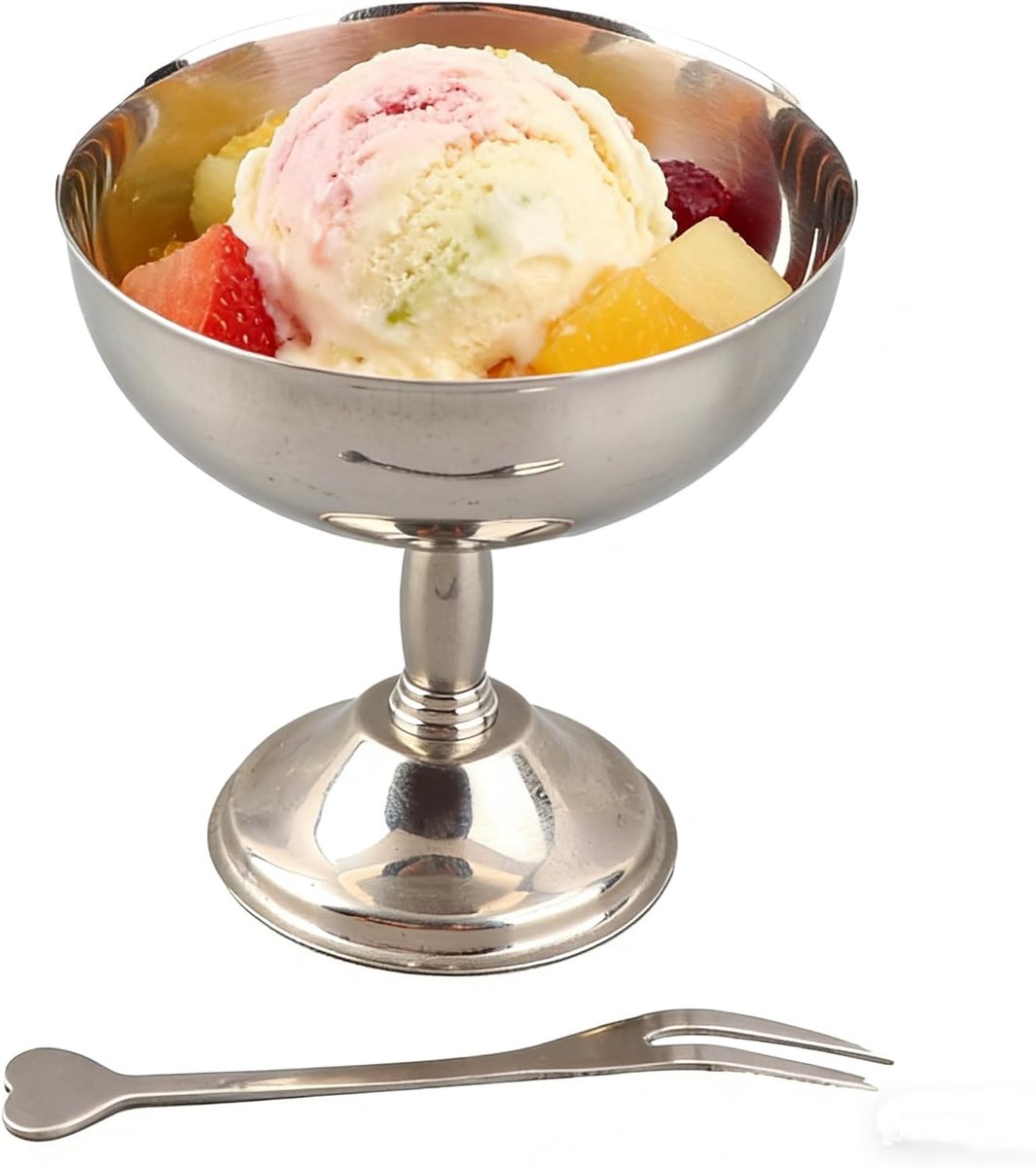 Dailygoods- Ijsbeker Roestvrij Staal 304 - Retro Dessertkom met Voet - Inclusief Lepel/Vork - Duurzaam - Klein Formaat 9 cm - Ideaal voor Salade/Puddi