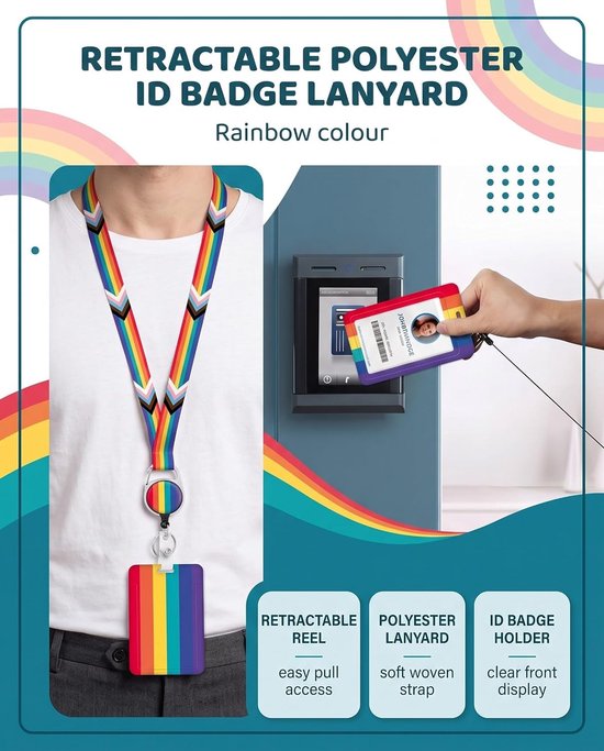 ID-kaarthouder - Regenboog - Polyester - Intrekbare ID-riem met Snelsluiting - Voor Kantoor en Evenementen — afbeelding 2