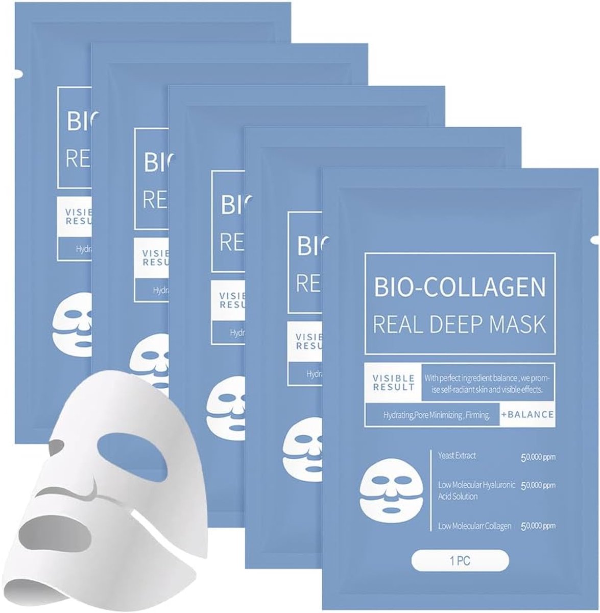 5-delig bio-collageenmasker, diep hydraterend bio-collageen echt diep masker, olagen diep hydraterend nachtmasker voor gezicht, bio-collageen gezichtsmasker voor meisjes en vrouwen (5pcs)