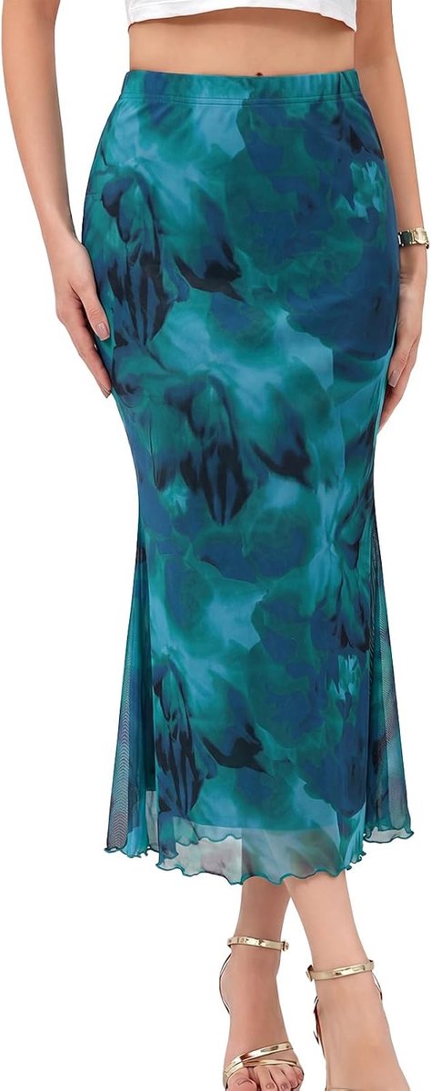 Rokken voor dames, elastisch, hoog getailleerd, met elastische band, midi-net, zomer, elegante visstaart, zoom met binnenvoering, bodycon, feestrok