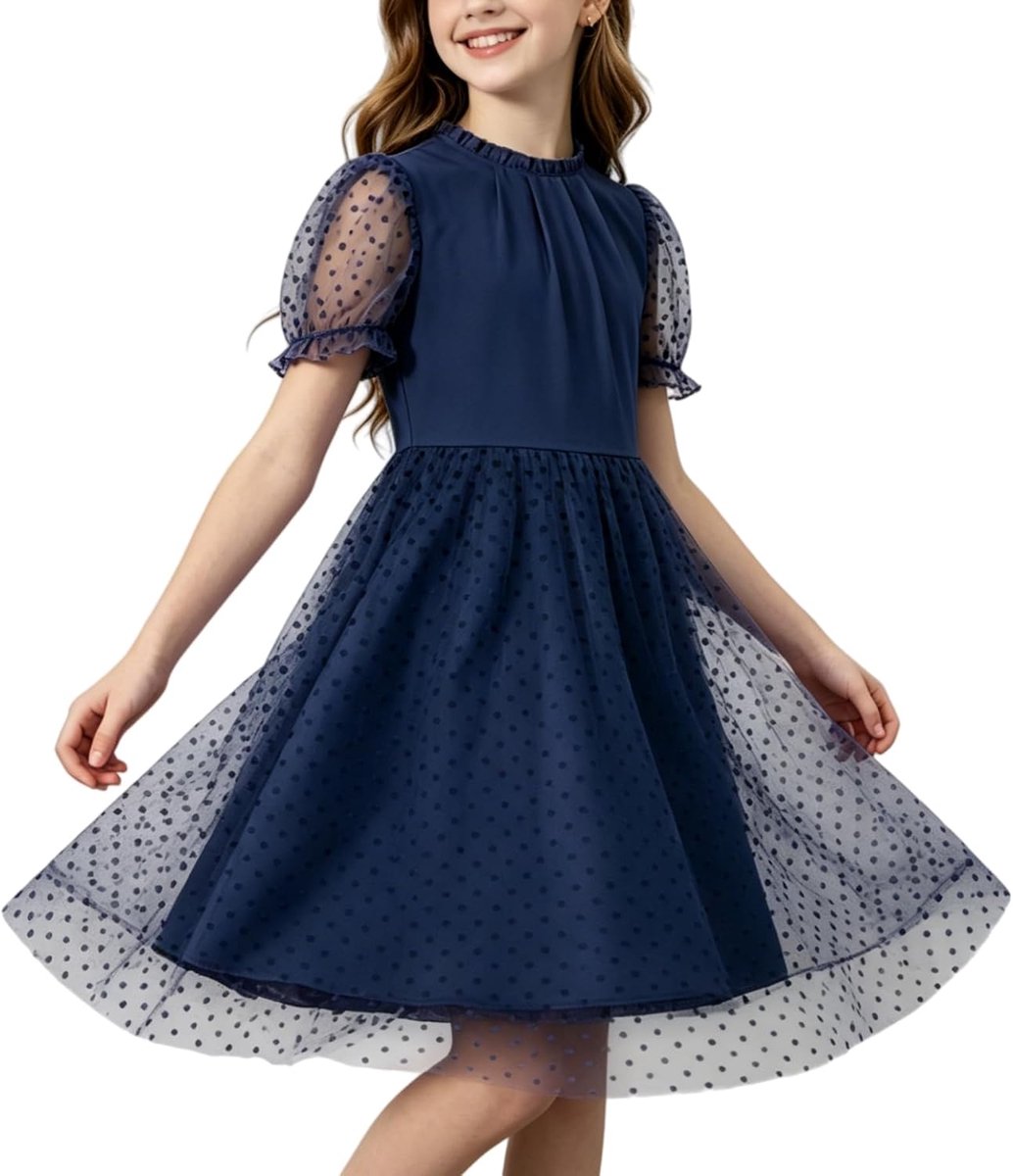 Meisjesjurk met korte pofmouwen, ruches, ronde hals, netstof en tule, elegante prinsessenjurken voor feestjes, eindexamenfeesten, bruiloften en verjaardagen