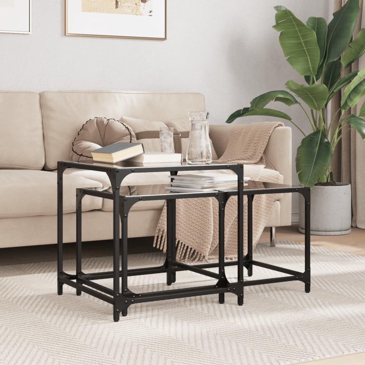 Set van 2 stapelbare tafeltjes van houtmateriaal met glasplaat, zwart staal, voor woonkamer en kantoor