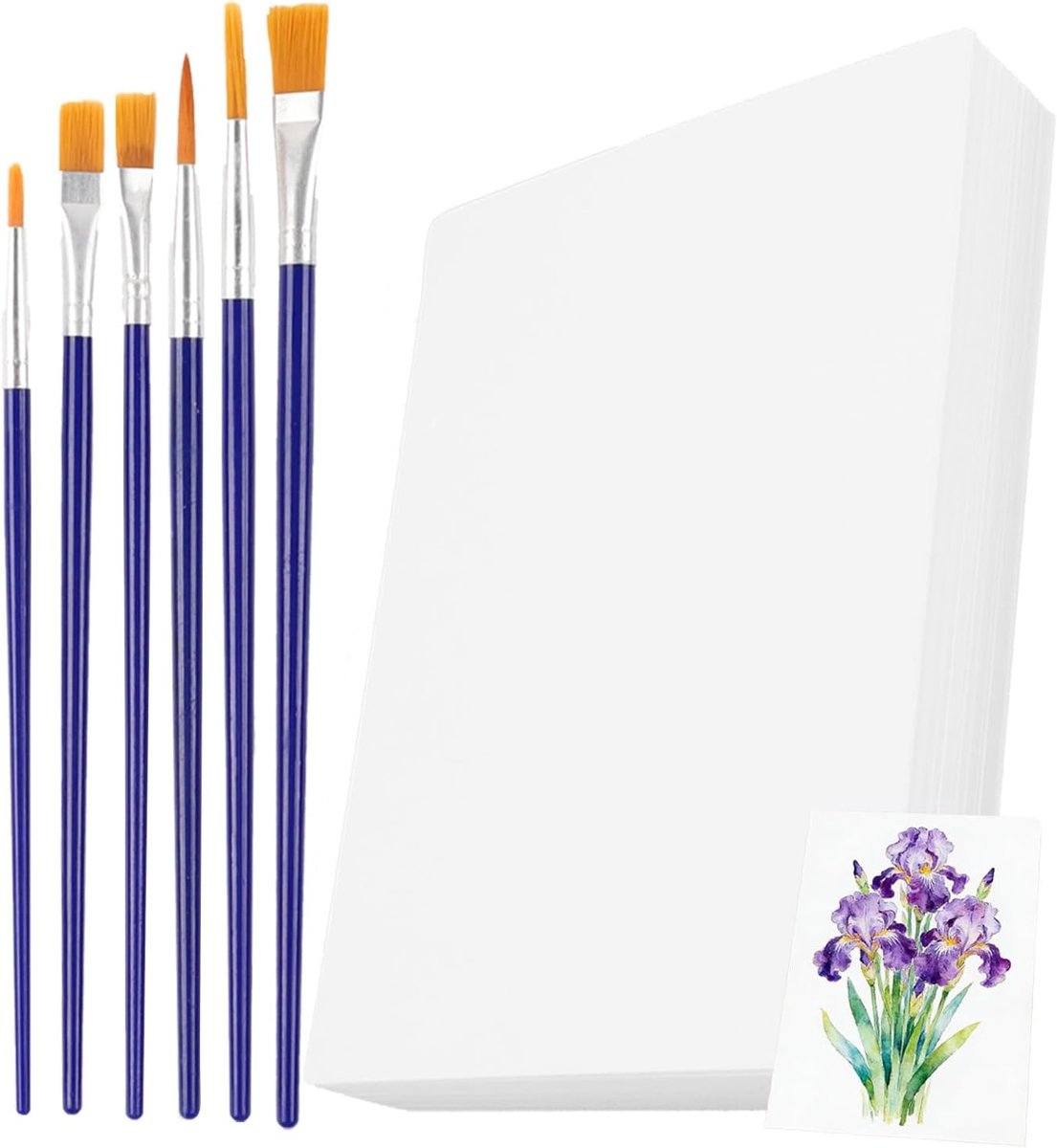 Aquarelpapier, dik waterverfpapier, 300 g, met 6 penselen, ansichtkaarten, blanco aquarelpapier, gouache aquarelpapier, 12,7 × 17,8 cm, voor aquarel, schilderen, tekenen en doe-het-zelf