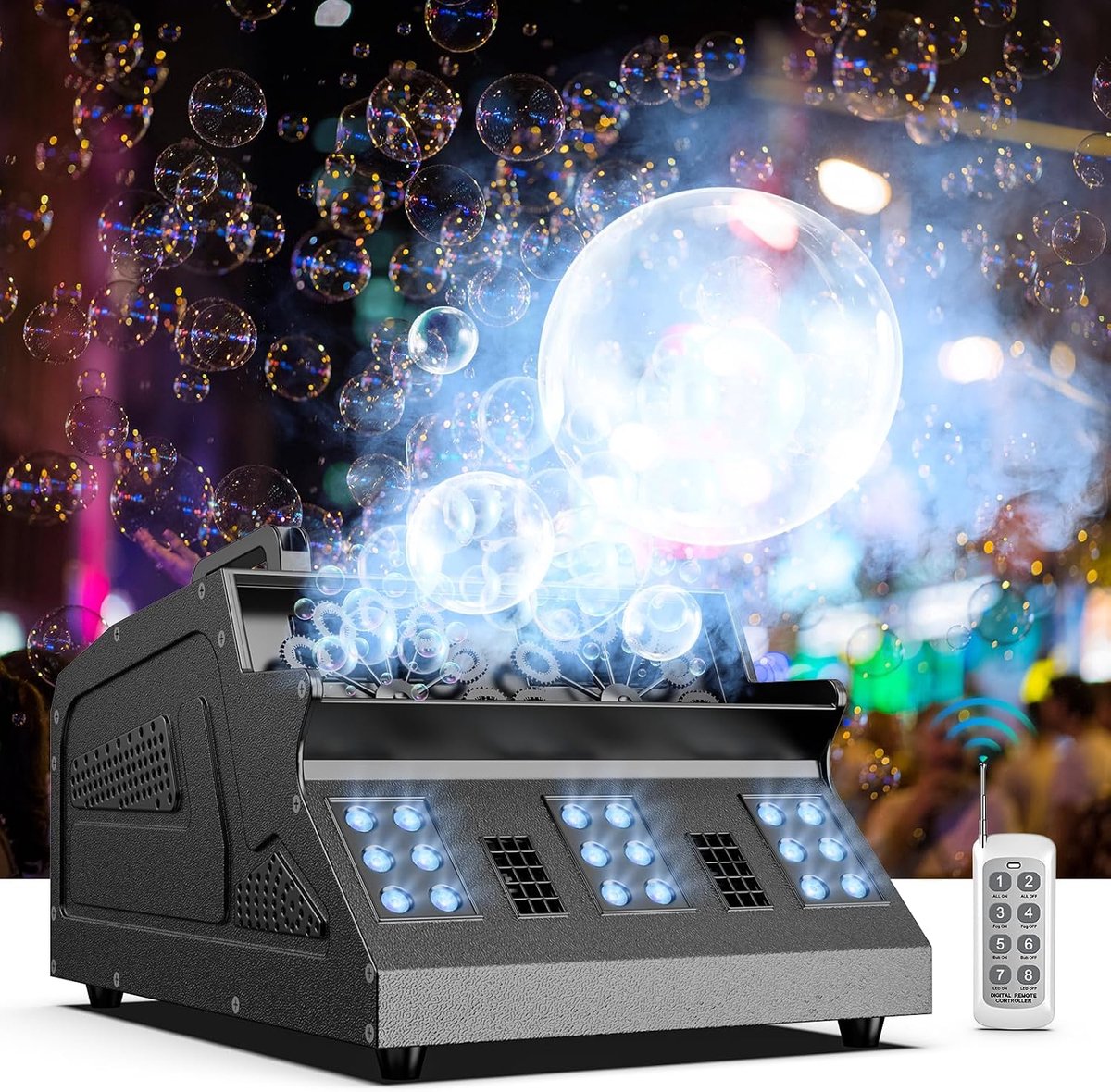 Mistmachine met bubbels, Bellenblasmachine 1500W met 18 RGB 3-in-1 effecten, afstandsbediening met DMX-besturing, geschikt voor feest, DJ, Halloween, Kerstmis, bruiloft