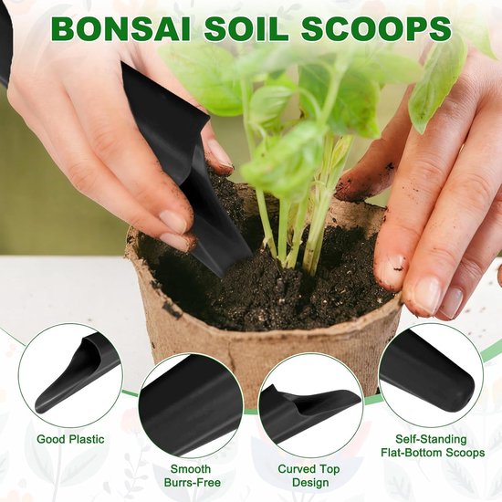 METERXITY Set van 2 bonsai grondschepjes, plastic tuingrond scheppen emmer schop potschoppen voor verplanting/bloemen planten/planten succulent, kleurrijk klein tuingereedschap [zwart] — afbeelding 2