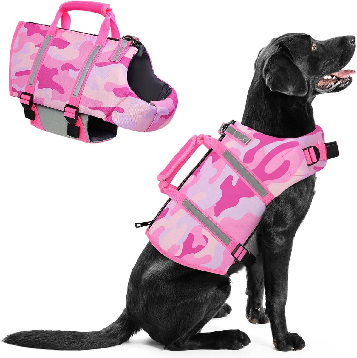 Zwemvest voor honden, reddingsvest voor kleine, middelgrote en grote honden, verstelbaar hondenzwemvest met handvat, reflecterend, veilig voor boot en watersport, camo roze, maat XL