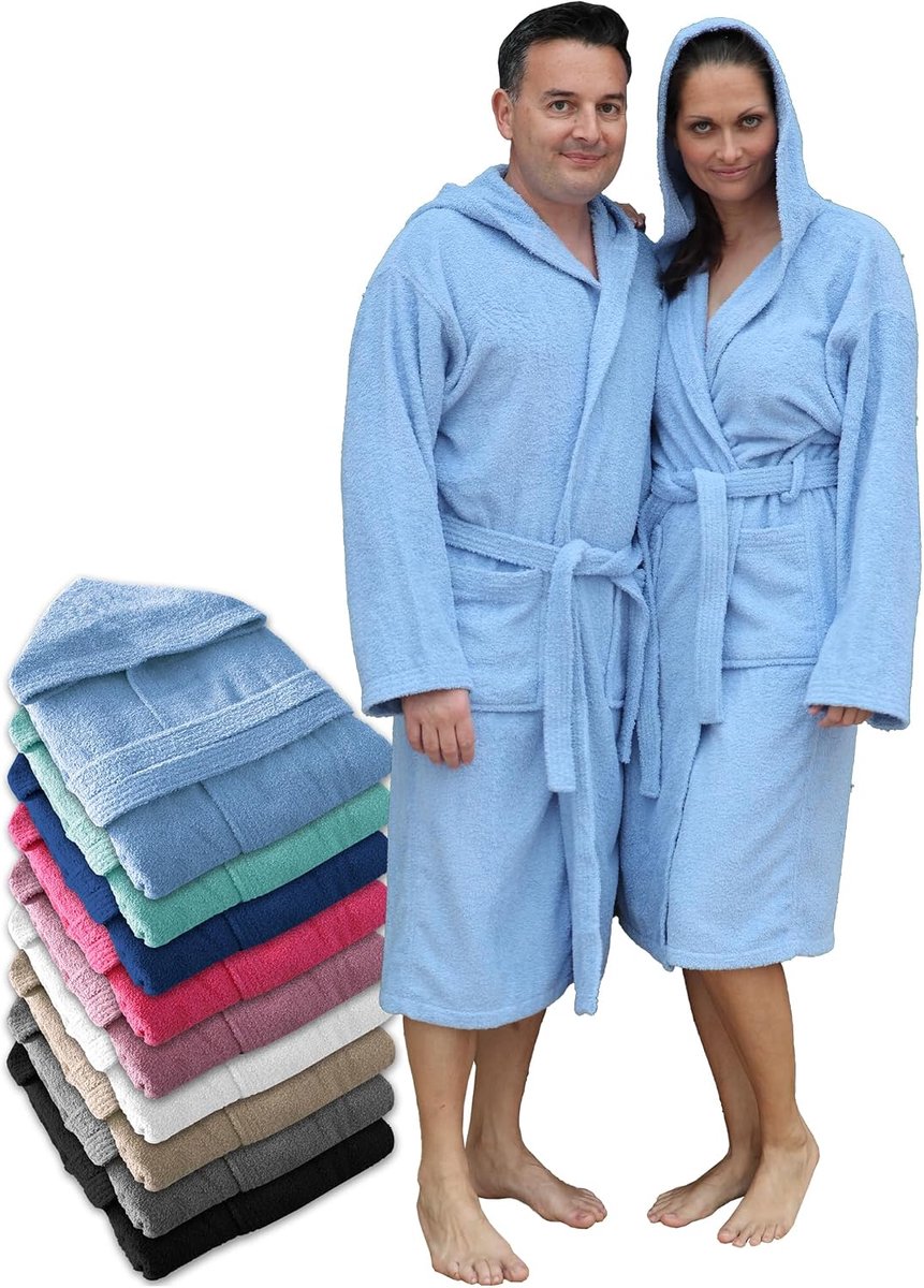 Badjas met capuchon, voor dames en heren, 100% katoenen badstof, 400 g, met riem, zakken, douche, zachte badjas, handdoek