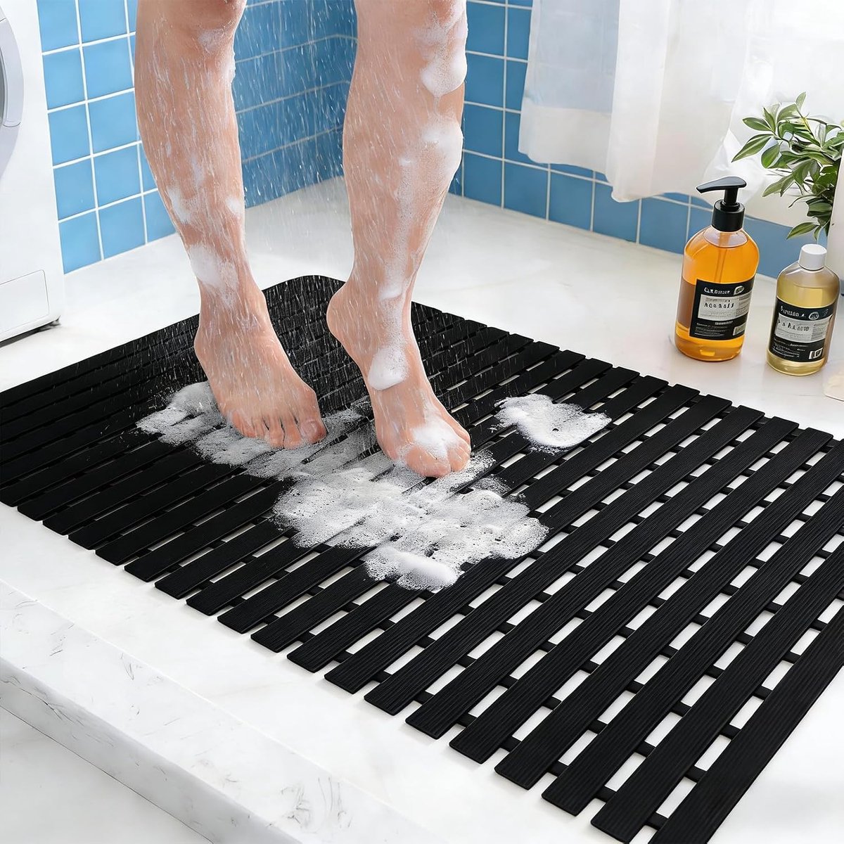 Douchemat antislip, 1 stuk douchemat, badkuip, op maat te snijden, 43 x 65 cm, antislip, grote douchematten, badkuipmat, opvouwbaar, voor douche en sauna, zwart