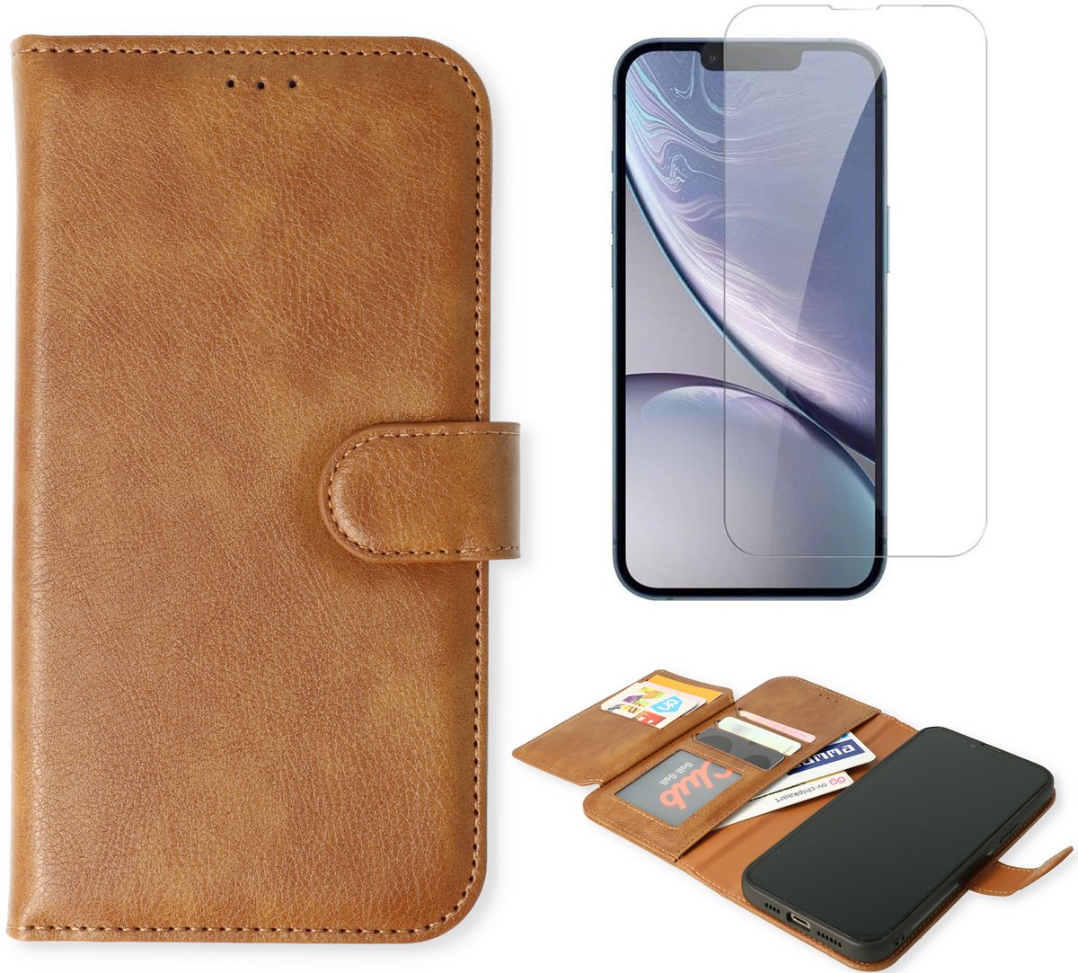 Casemania Hoesje en Glas Geschikt voor Apple iPhone 18 Pro - Bruin - Geschikt voor MagSafe - 2 in 1 Luxe Kunstlederen Portemonnee Book Case met Extra Vakken + 1x Glazen Screenprotector