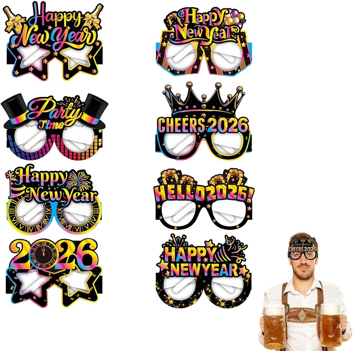 8 stuks oudejaarsavondbril 2026, oudejaarsavond decoratie, feestaccessoires, Happy New Year, grappige brillen, Nieuwjaar, fotorekwisieten, fotoaccessoires voor kinderen en volwassenen, papieren