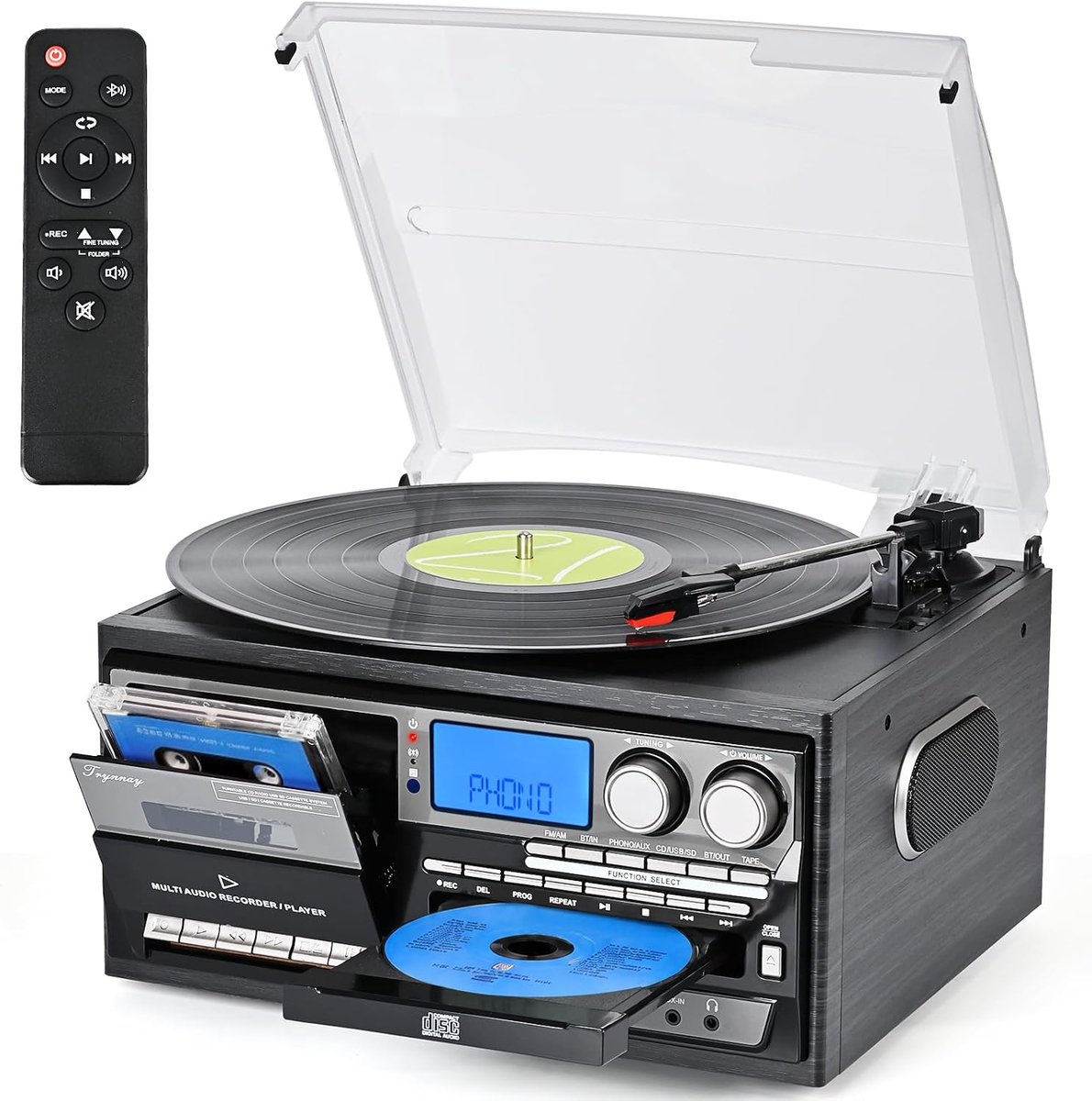 Platenspeler 10-in-1, cd-, cassette- en AM/FM-radiofunctie, bluetooth-in- en uitgang, zwart