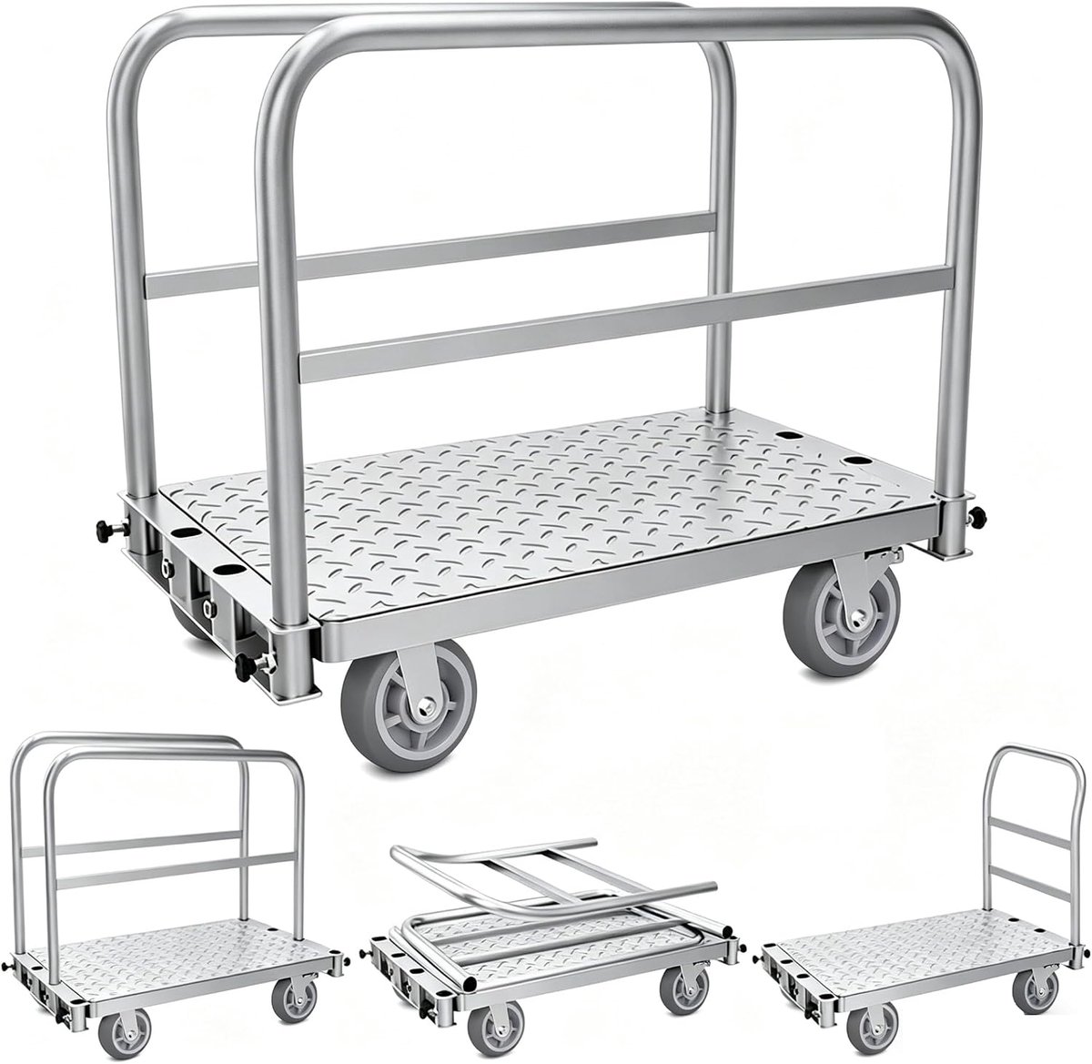 3-in-1 plaatwagen, 6 inch wielen (150 mm) met remmen, steekwagen met afneembaar zijpaneel, inklapbare handgreep, 500 kg transportwagen voor werkplaats, bouwplaats, magazijn (100 x 60 x 83