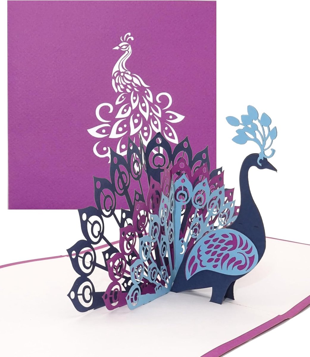 3D pop-up kaart "pauwenveren", elegante verjaardagskaart, trouwkaart voor pauwenen en uitnodiging, paars, wenskaart en uitnodigingskaart voor bruiloft en verjaardag, met envelop