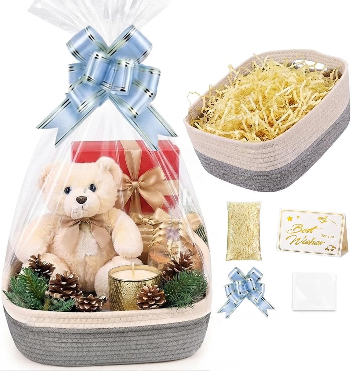 leeg, 30 x 20 x 12 cm, cadeaumand, leeg, grijs-wit, cadeaumand voor geschenken met geschenkzakjes, linten, wenskaarten