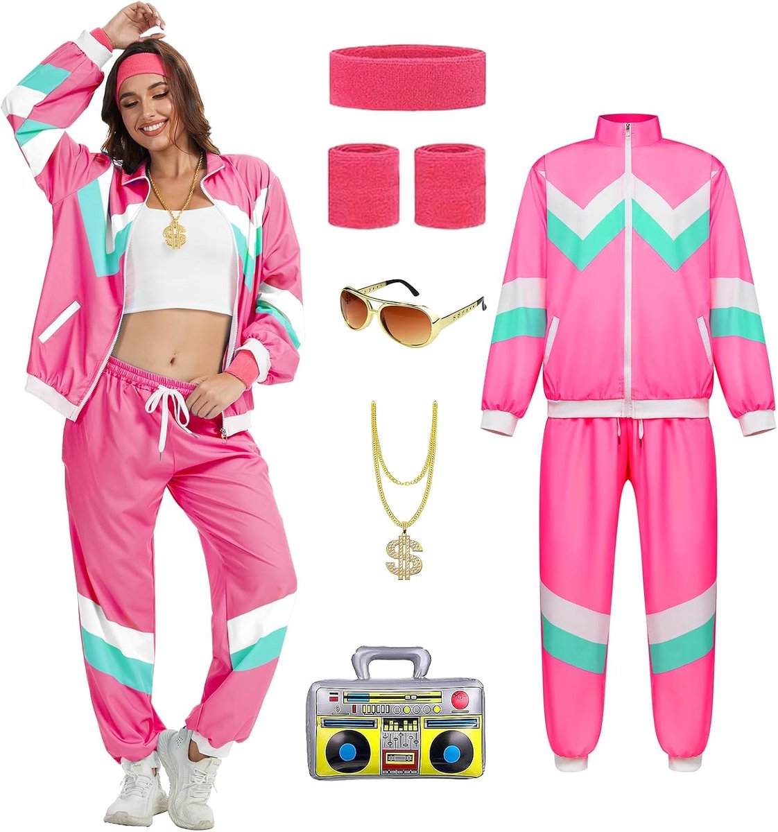 80/90-outfit voor dames, retro, jaren 80, trainingspak, jas, broek, pak met gouden ketting, opblaasbare radio, Halloween, carnaval voor dames (roze, M)