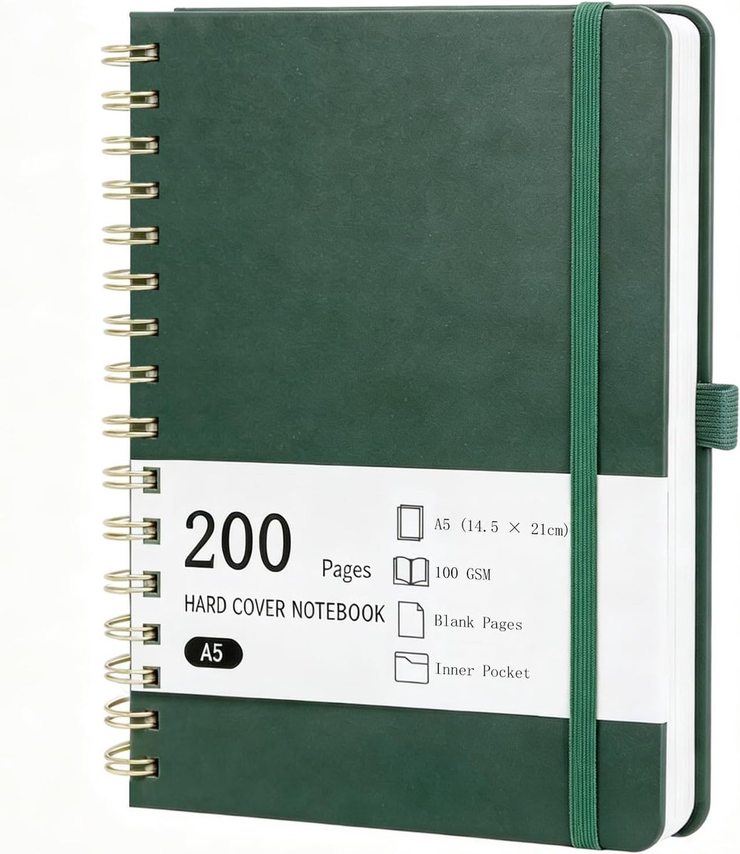 A5 Spiraalnotitieboek, 200 pagina's, PU-lederen hardcover, blanco pagina's, notitieboek zonder lijnen voor tekenen, schetsen en notities (donkergroen)