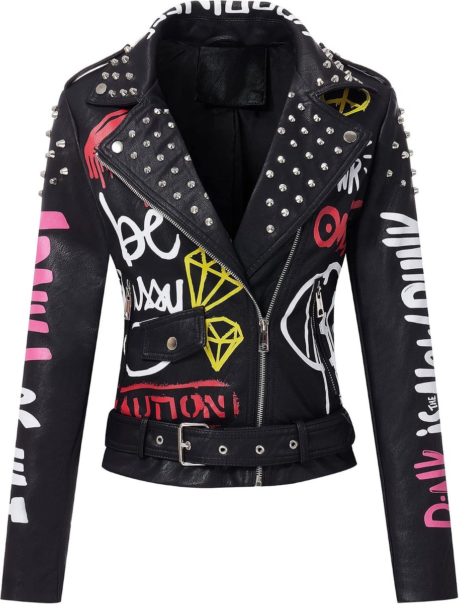 Dames kunstleren jas klinknagels Floral Moto Biker korte revers mantel