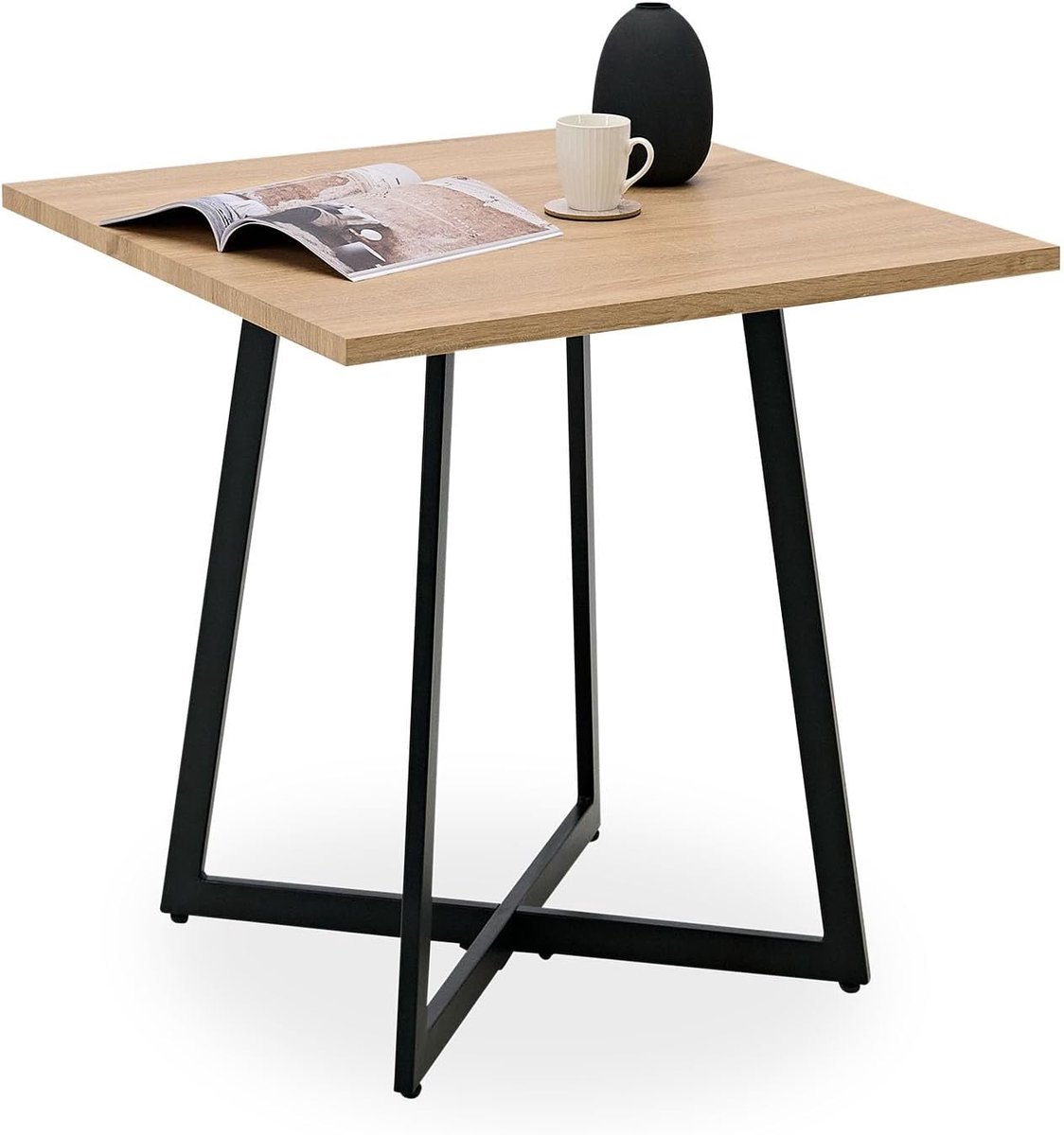 Eettafel 80 × 80 cm eikenlook & zwart, houten tafel, industrieel design, eetkamertafel, compact en robuust, keukentafel 3125