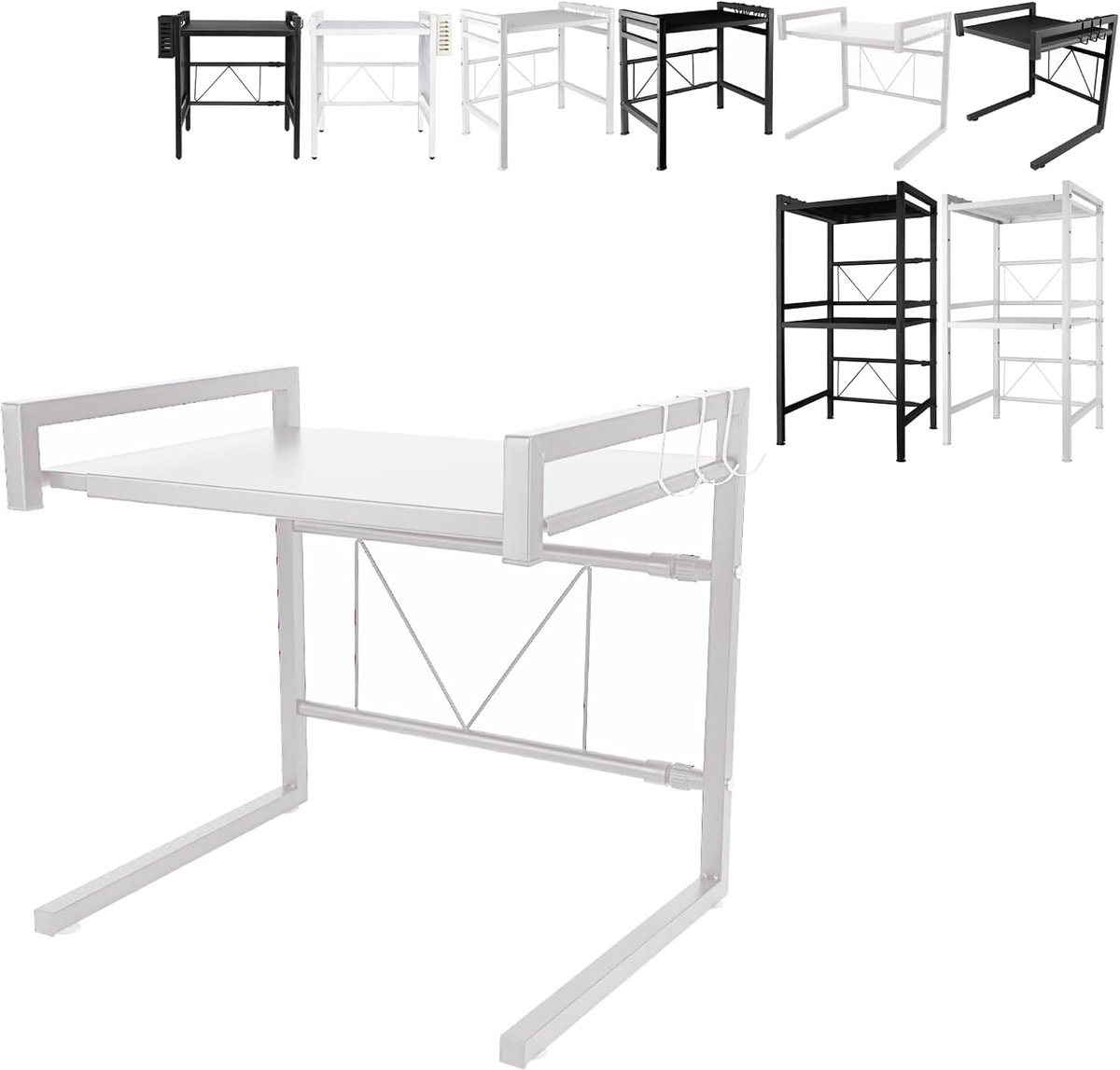 Plankhouder voor magnetron, met opbergrek, metaal, keukenopslag, met haken, kunststof, ruimtebesparend, wit B met 2 niveaus)