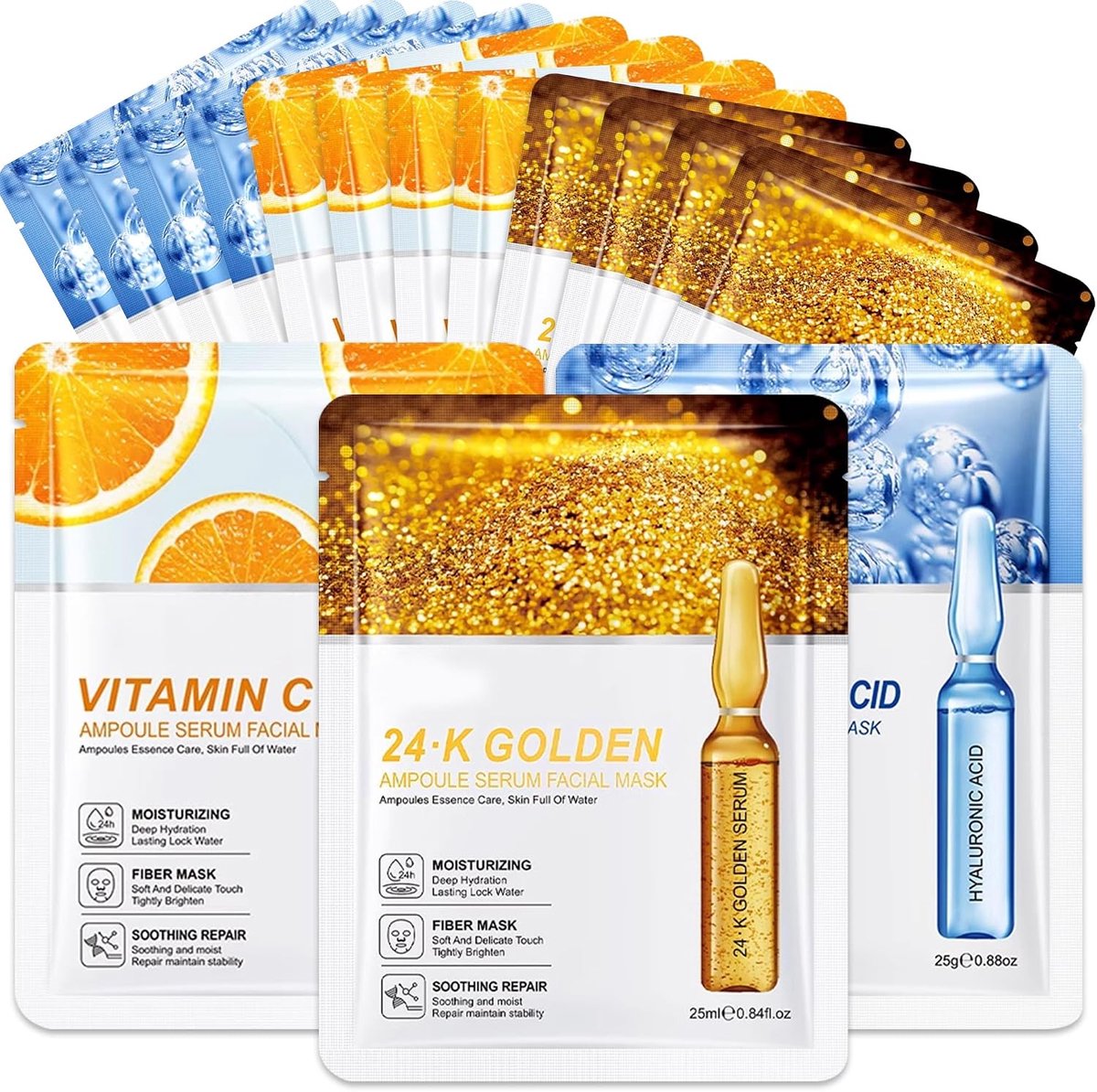 15 stuks gezichtsmasker cadeauset voor dames, hydraterende gezichtsmaskers set, gezichtsmasker met hyaluronzuur, vitamine C, 24 karaat goud, cadeau voor moeder en vriendin, voldoet aan verschillende