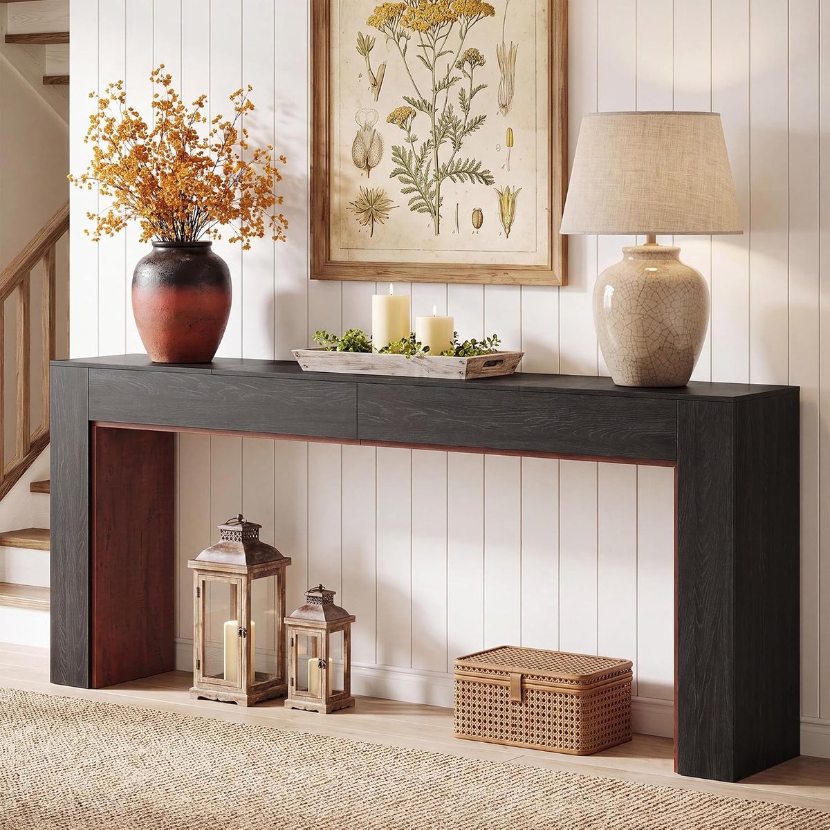 Extra lange consoletafel, 200 cm, tweekleurige haltafel, bruin en zwart, stabiele bijzettafel, achterbank, voor hal, woonkamer, hal, eenvoudige montage
