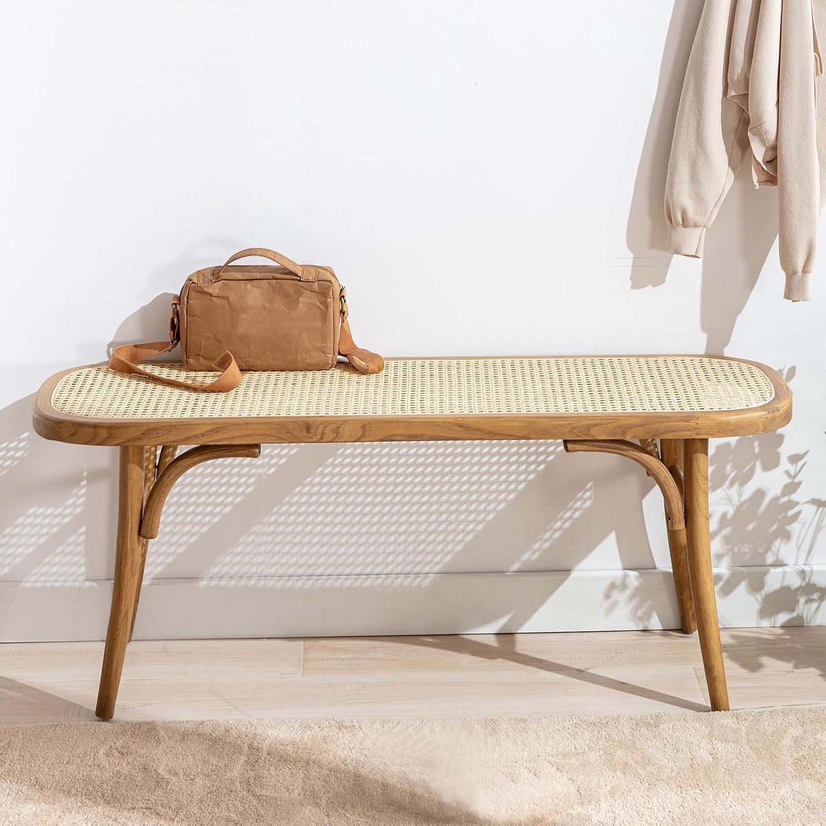 Modern Rotan Ottomaan Gangbank Voetenbank met Houten Poten, Keukenbank voor Eetkamer, Natuurlijk Hout