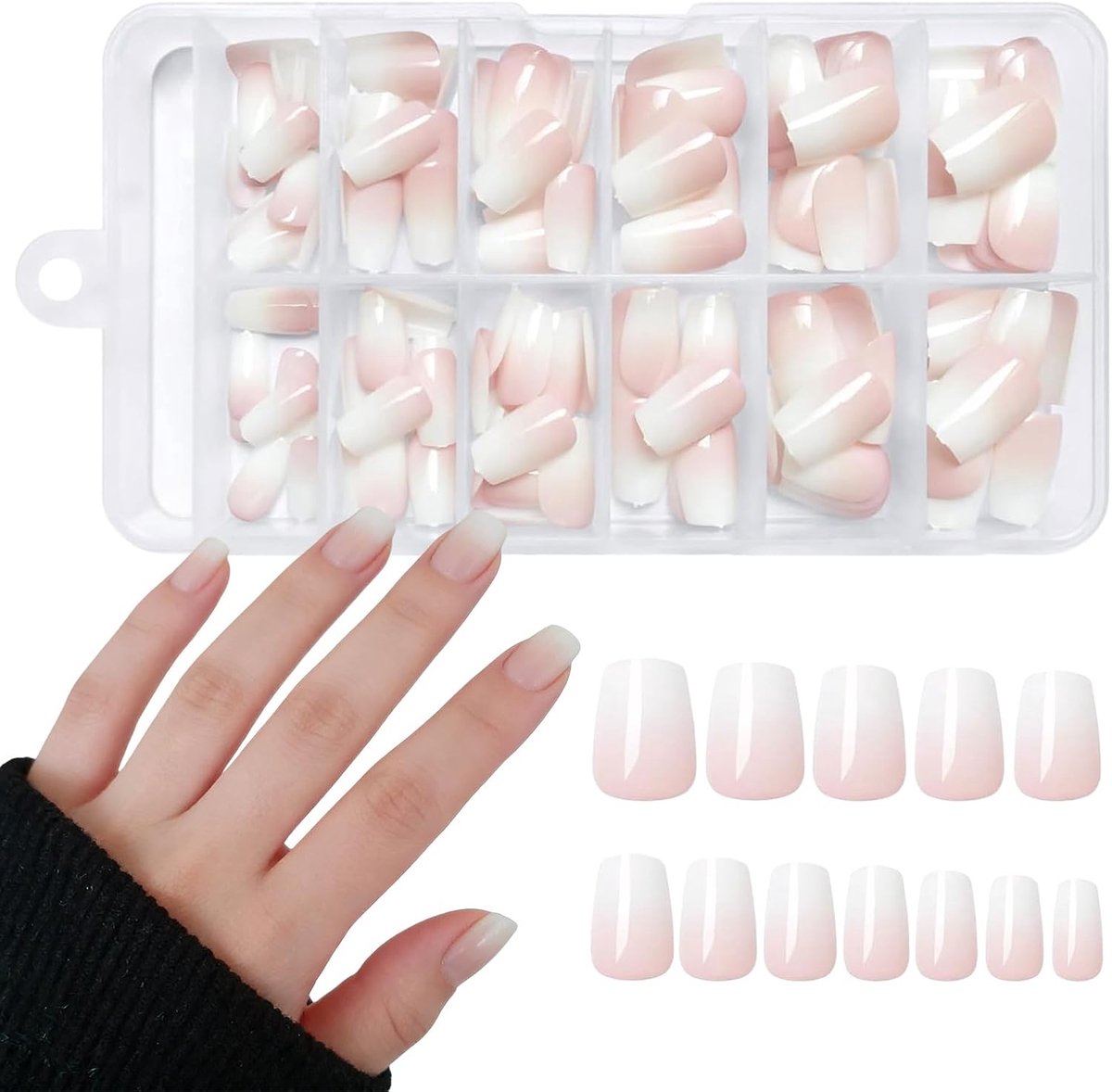 144 stuks korte Press-on nagelset, natuurlijke ombre roze Franse tip nepnagels, ronde vierkante glanzende kunstnagels met lijm en nagelvijl voor vrouwen, doe-het-zelf manicure