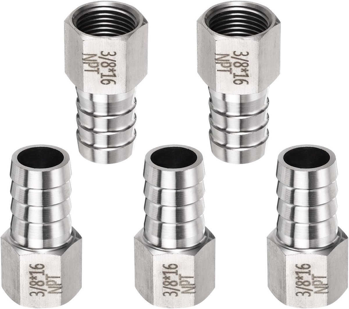 5 stuks roestvrijstalen slangaansluiting slangtule 3/8 inch NPT binnendraad naar 5/8 inch slang ID voor huisbrouwerij, buisverbinding directe schroefdraad, stekker, duurzame constructie
