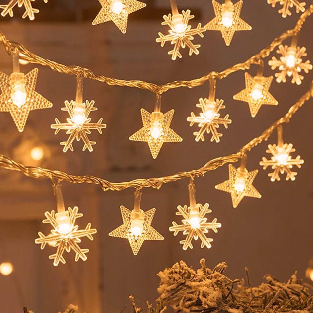 Slingerlichten - Ster en Sneeuwvlok Vormige LED Verlichting - Warm Geel Licht - USB en Batterij Voeding - 2 Standen (Constant en Knipperend) - Geschikt voor Winter Feest Ramadan en Kerstboom - 6 Meter - 40 Lampjes